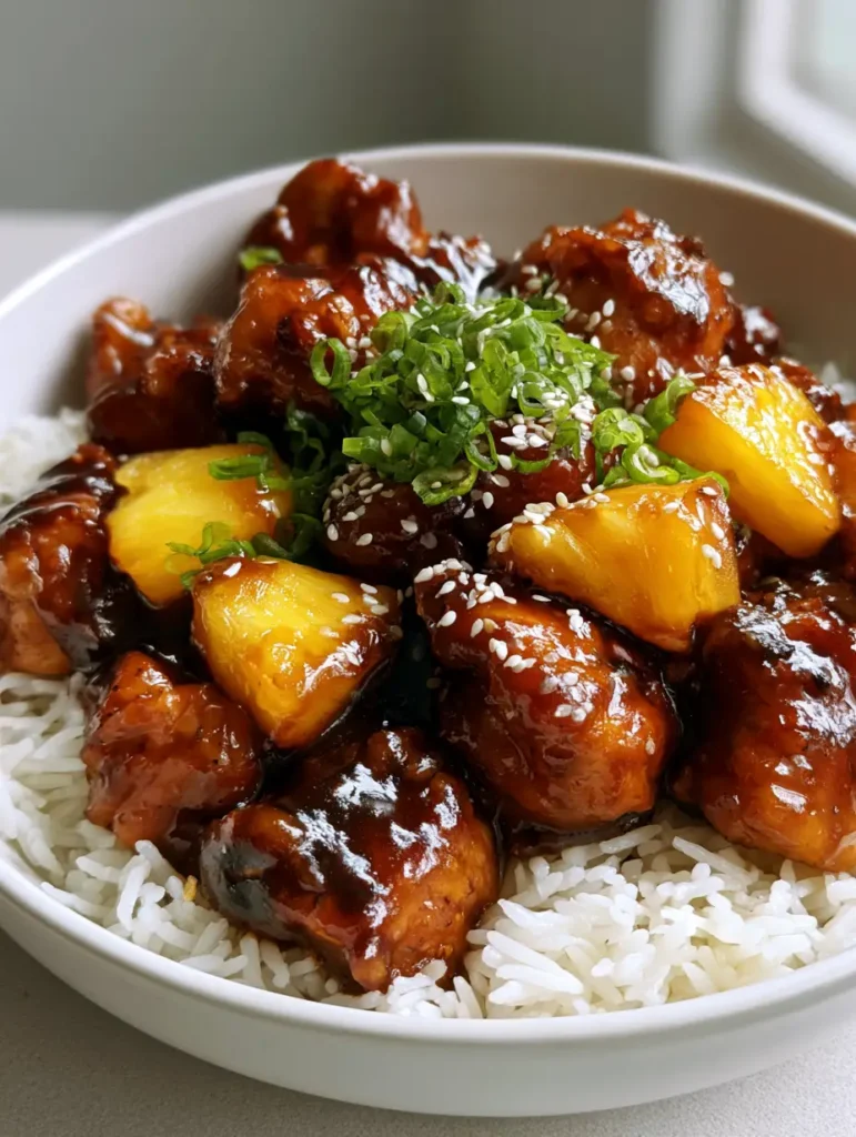 Handheld photo of Sweet Hawaiian Crockpot Chicken garnished with green scallions and sesame seeds on long-grain rice.