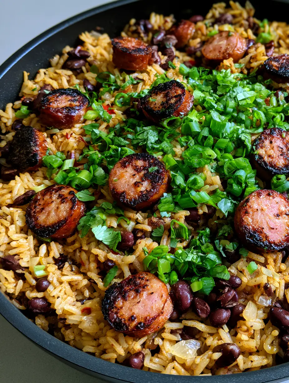 One-Pot Black Beans and Rice with Smoky Seared Sausage 3 Close-up handheld photo of golden One-Pot Black Beans and Rice in a cast iron skillet with seared sausage.