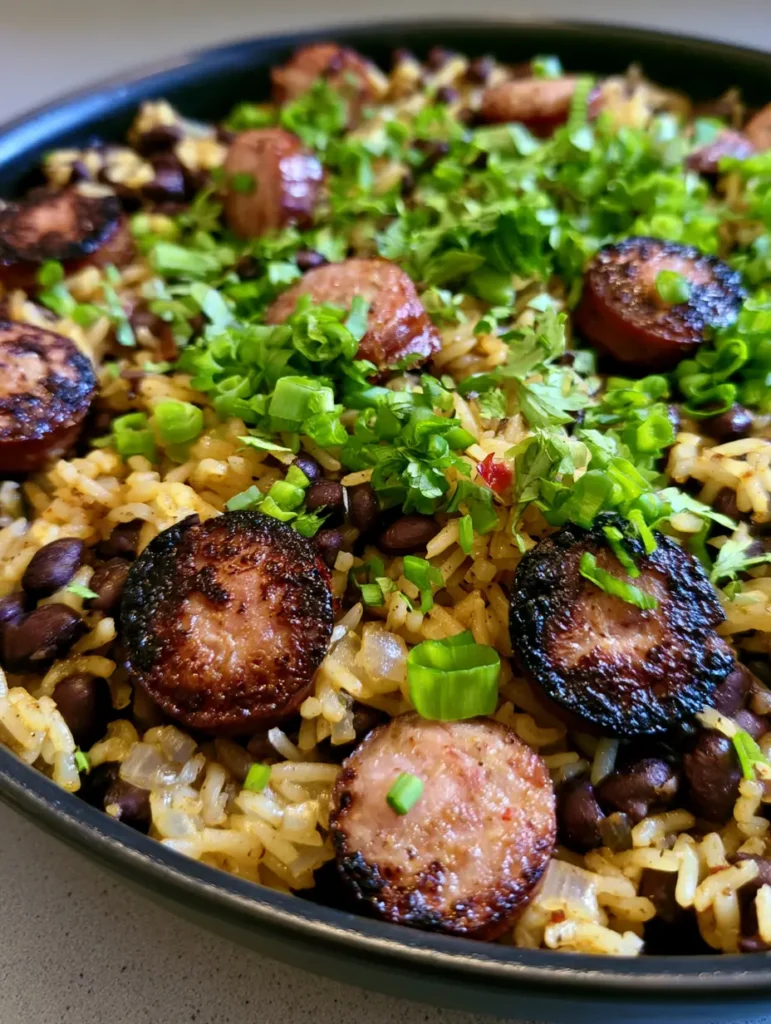 One-Pot Black Beans and Rice with Smoky Seared Sausage 1 Detail shot of crispy smoked sausage slices nestled in moist golden rice and black beans. (One-Pot Black Beans and Rice)