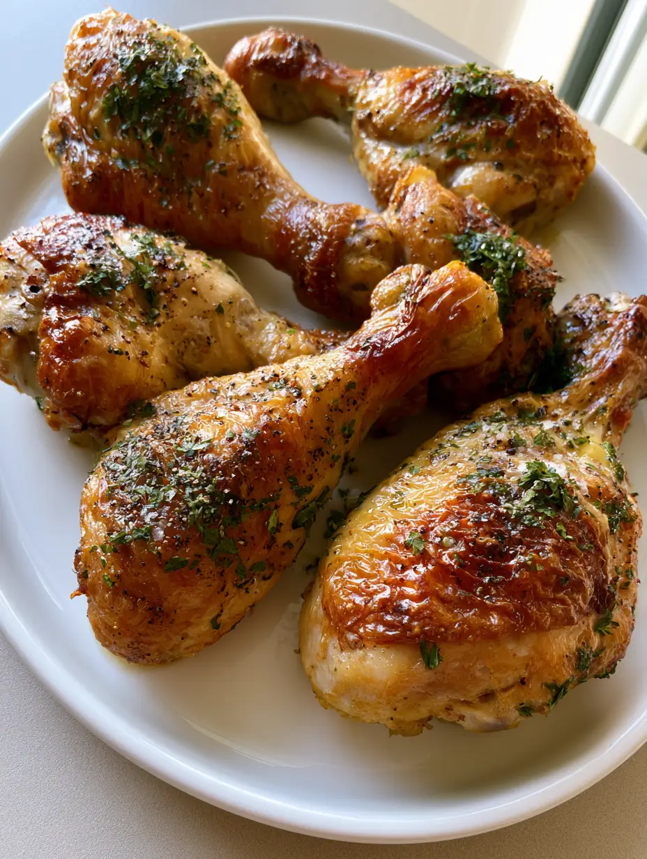 Close-up of roasted chicken drumsticks showing glistening oil and cracked black pepper. (Crispy Oven Baked Chicken Legs)