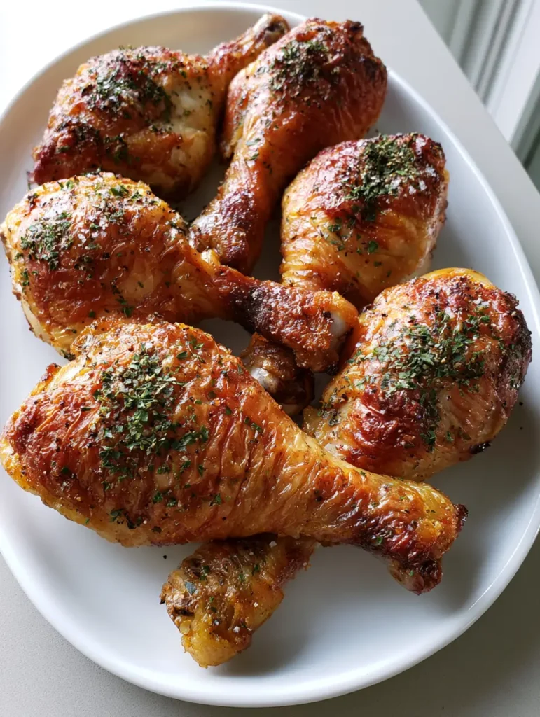 Top-down view of five roasted chicken drumsticks on a white platter with parsley flakes.