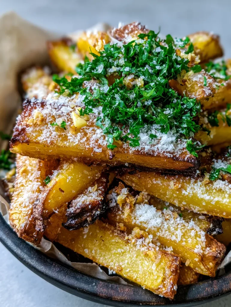 Close up of Garlic Parmesan Fries showing visible blistered edges and finely grated parmesan cheese.