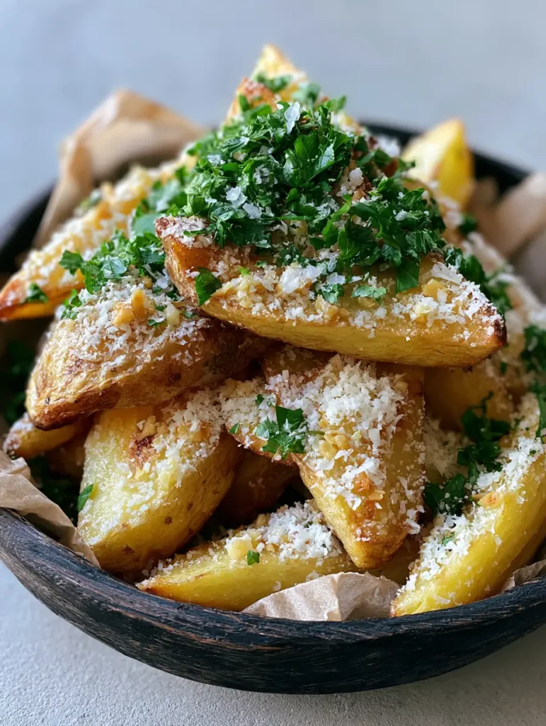 Garlic Parmesan Fries: The Ultimate Crispy Thick-Cut Recipe 1 Thick-cut golden-brown fries in a rustic bowl lined with parchment paper, topped with toasted garlic and sea salt.