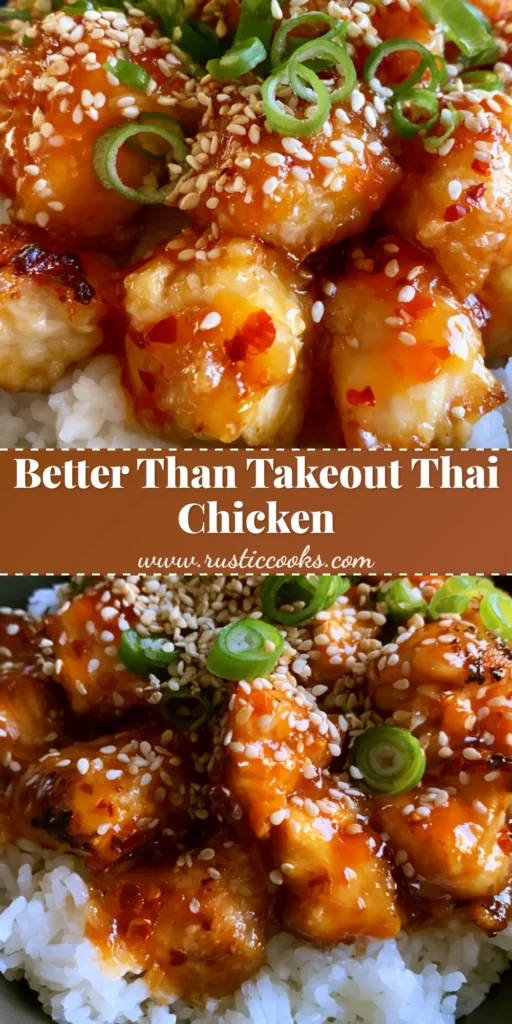 Sweet and Spicy Thai Chicken: The Ultimate 20-Minute Sticky Glazed Dinner 4 A close-up shot of Sweet and Spicy Thai Chicken chunks with a thick orange-red glaze, topped with sesame seeds and scallions over white rice.