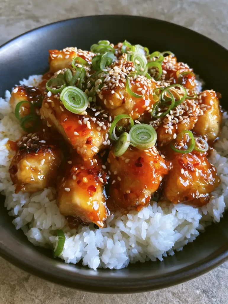 Handheld smartphone photo of Sweet and Spicy Thai Chicken in a dark matte ceramic bowl with seared golden-brown edges visible.