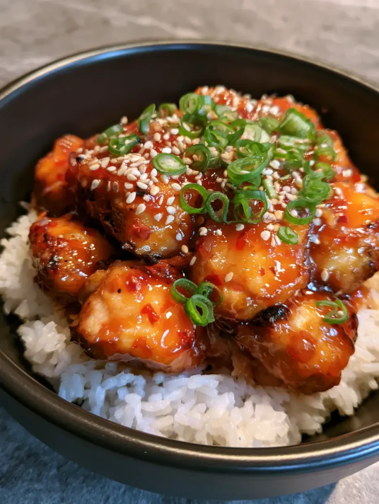 Sweet and Spicy Thai Chicken: The Ultimate 20-Minute Sticky Glazed Dinner 1 Overhead shot of sticky orange-red glazed chicken on a bed of fluffy jasmine rice with red chili flakes.
