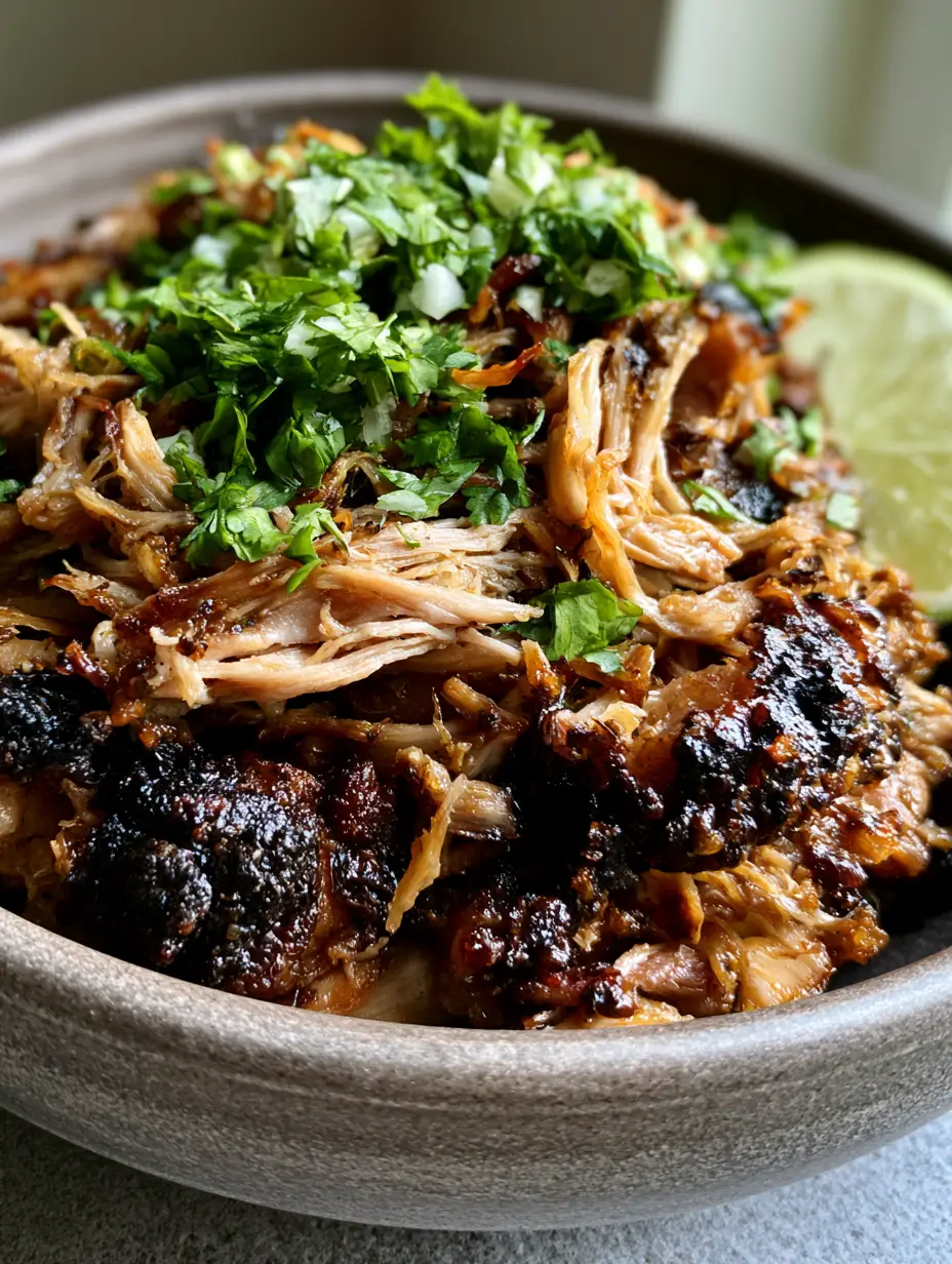 A close-up handheld photo of shredded Crockpot Pork Carnitas showing juicy strands and caramelized edges in a matte ceramic bowl. (Crockpot Pork Carnitas)