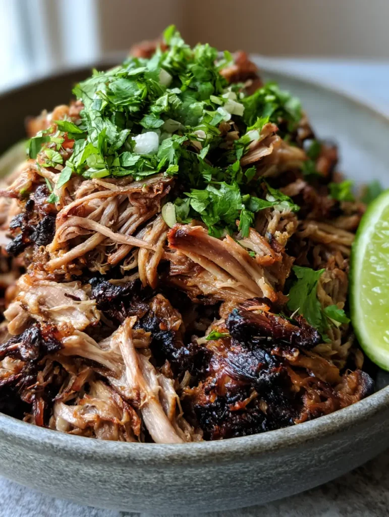 A top-down view of a bowl of carnitas with fresh lime, cilantro, and onion garnish.