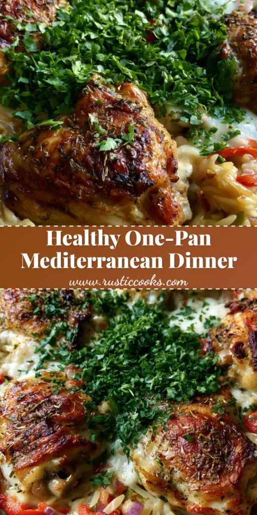 A rustic ceramic baking dish filled with Mediterranean Chicken Casserole featuring crispy chicken thighs, orzo, and peppers.