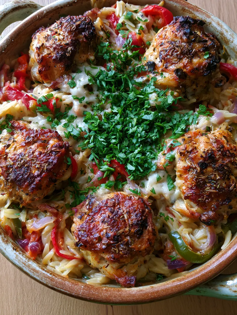 Top-down view of Mediterranean Chicken Casserole with melted mozzarella and fresh parsley on a wooden table.