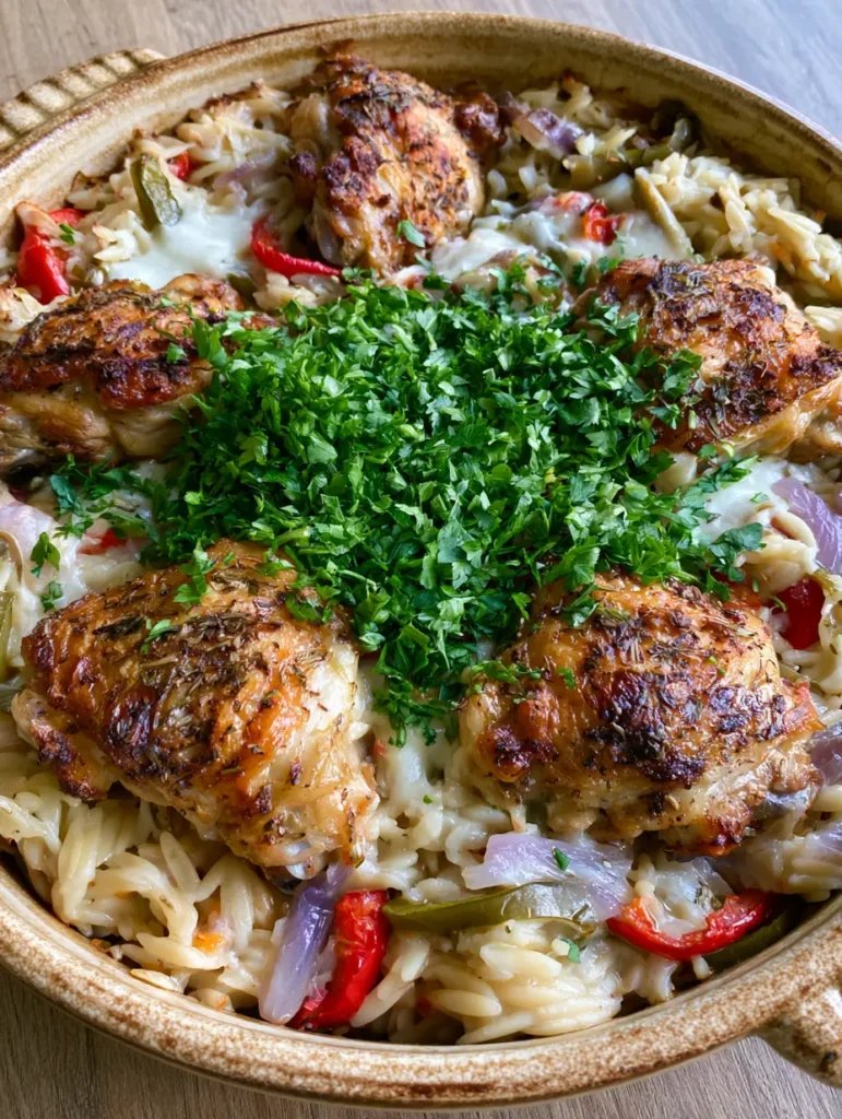Close-up of golden-brown crispy chicken thighs nestled in creamy orzo pasta.