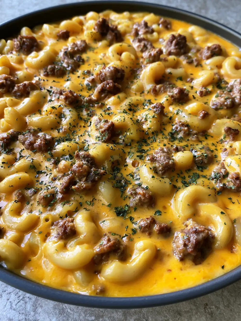 Homemade Hamburger Helper: The Ultimate Creamy Skillet Macaroni 3 Close-up of tender glossy elbow macaroni and browned ground beef crumbles in a thick orange-yellow sauce. (Homemade Hamburger Helper)