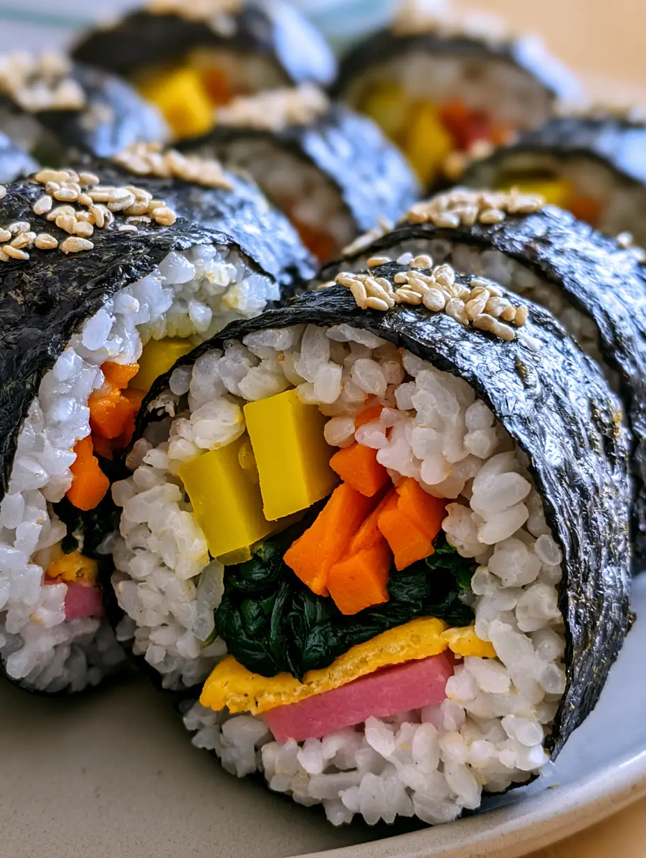A close-up smartphone photo of a hand holding a piece of sliced kimbap, highlighting the glossy rice and colorful vegetable fillings. (Korean Kimbap Recipe)