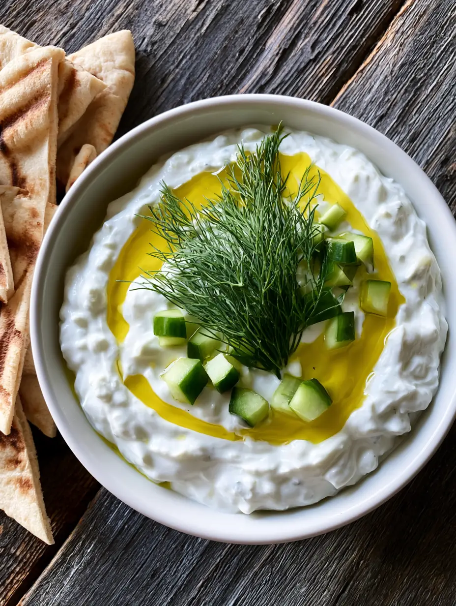 Close up top-down shot of a white ceramic bowl filled with Authentic Greek Tzatziki Recipe, garnished with a dill sprig and cucumber cubes.