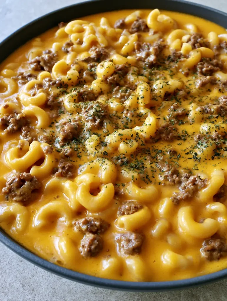 Homemade Hamburger Helper: The Ultimate Creamy Skillet Macaroni 1 Slightly bubbling cheddar cheese sauce in a dark matte skillet with Homemade Hamburger Helper ingredients.