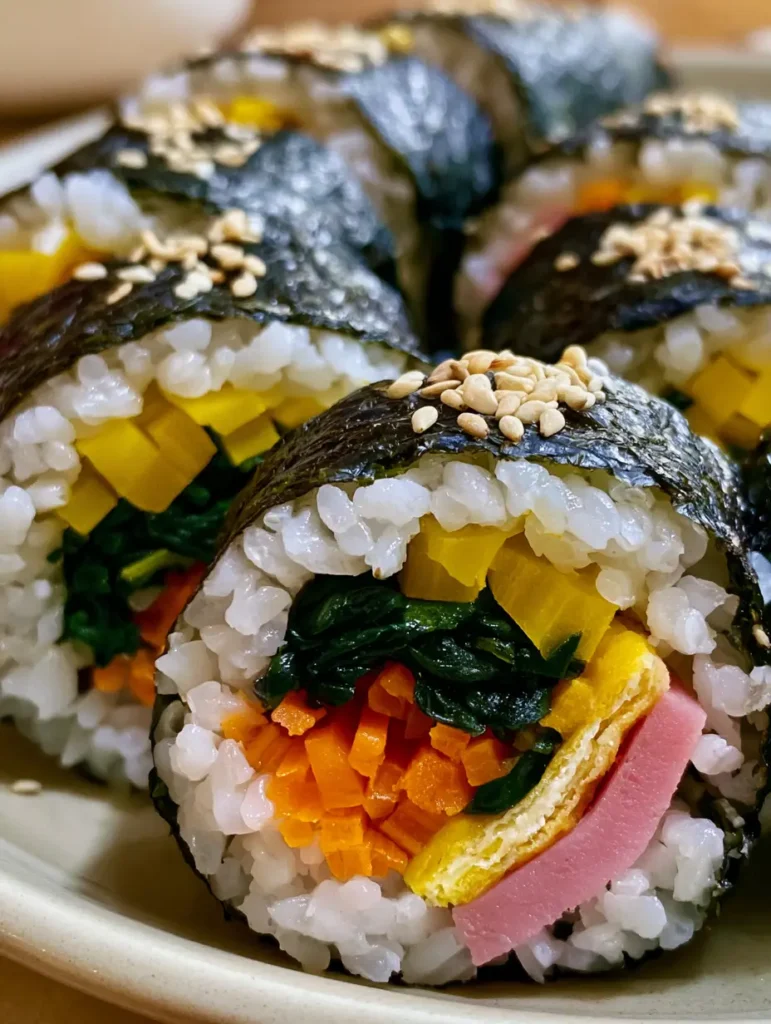A side-by-side arrangement of kimbap rolls on a neutral plate, showing the textured seaweed and sesame seed garnish. (Korean Kimbap Recipe)