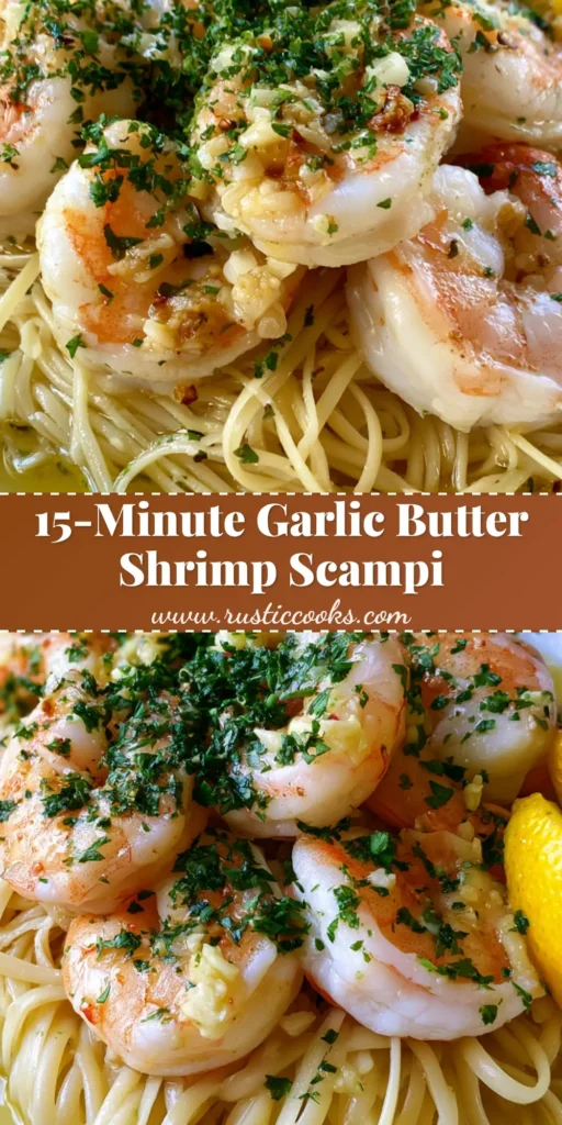 Garlic Butter Shrimp Scampi with Al Dente Linguine 4 A top-down view of Garlic Butter Shrimp Scampi on a white plate with lemon wedges and fresh parsley garnish.
