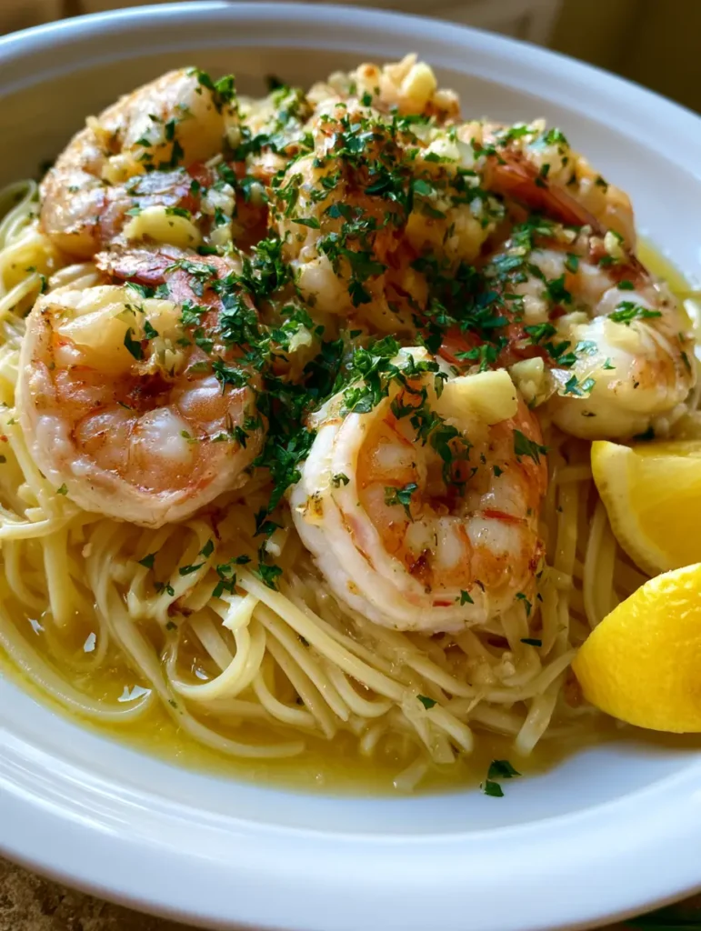 Close-up of plump pink seared shrimp on a bed of glossy linguine with garlic butter sauce. (Garlic Butter Shrimp Scampi)