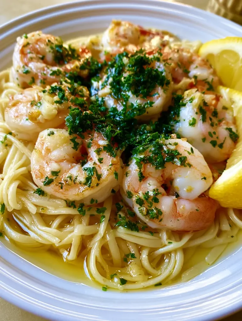 Garlic Butter Shrimp Scampi with Al Dente Linguine 1 Linguine pasta coated in garlic butter sauce with softened garlic bits and fresh parsley. (Garlic Butter Shrimp Scampi)
