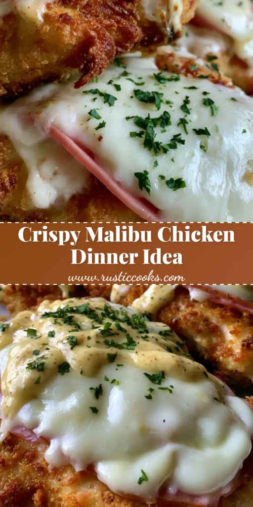 A handheld smartphone photo of Crispy Malibu Chicken topped with ham, bubbly Swiss cheese, and honey mustard sauce on a white plate.