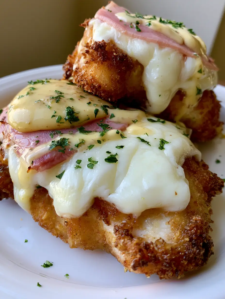 Close-up of golden-brown panko-breaded chicken topped with melted white Swiss cheese and yellow sauce.