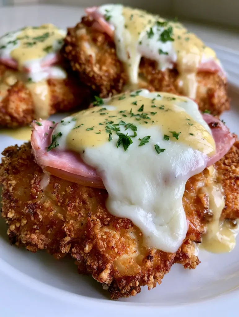 Side view of Crispy Malibu Chicken showing the layers of breading, chicken, ham, and cheese.