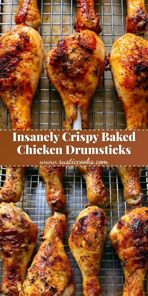 A close-up vertical shot of six golden-brown Oven Baked Chicken Drumsticks on a wire rack with visible thyme and paprika seasoning.