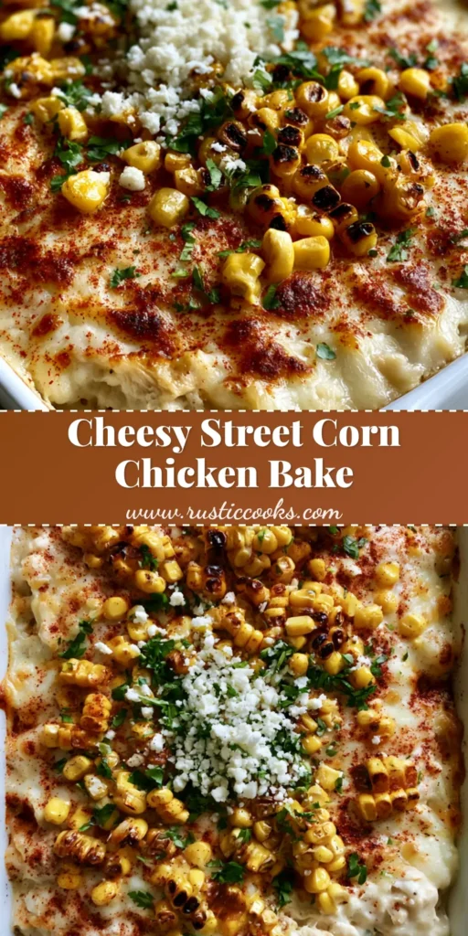 Vertical Pinterest pin showing a close-up of Street Corn Chicken Casserole with charred corn and bubbly cheese in a white dish.