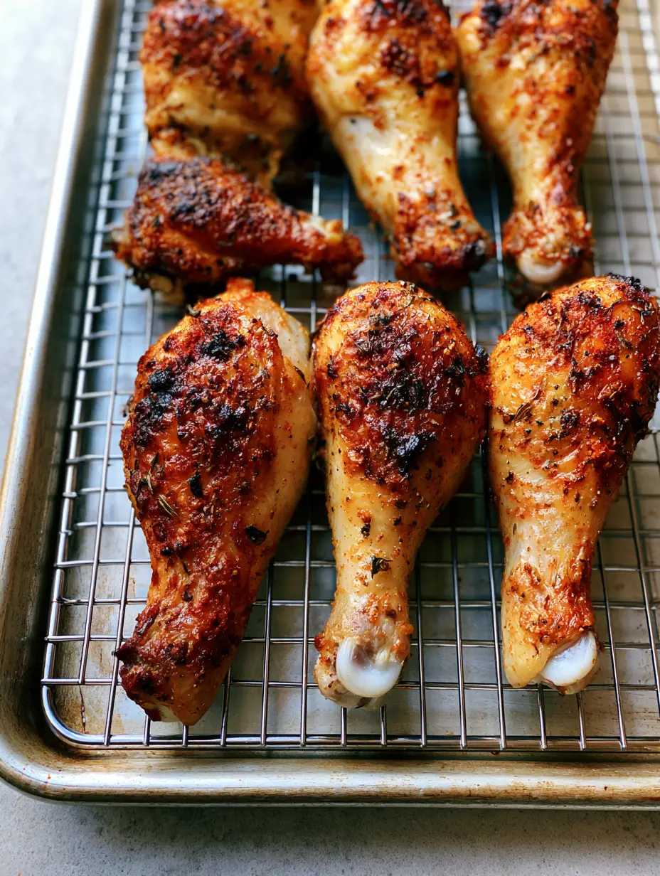 Detailed shot of blistered skin on Oven Baked Chicken Drumsticks featuring cracked black pepper and dried thyme.