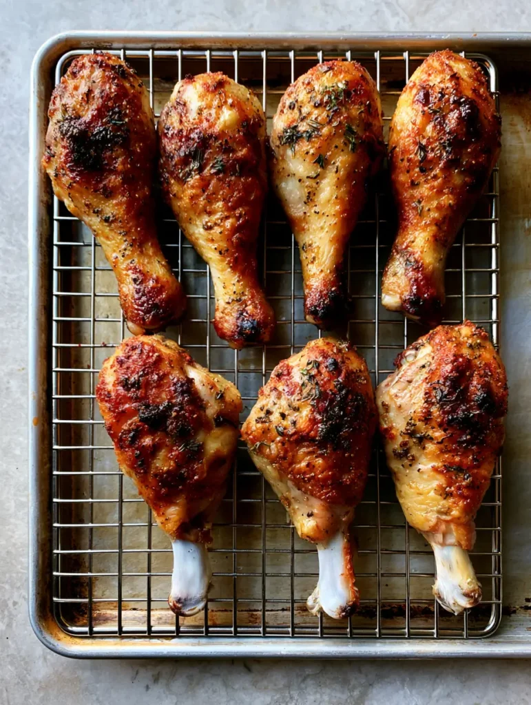 Six roasted chicken drumsticks arranged on a stainless steel rack over an aluminum baking sheet.