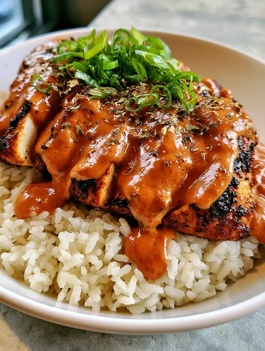 A smartphone photo of a white bowl containing fluffy garlic rice topped with diagonally sliced blackened chicken and a thick orange Cajun sauce. (Creamy Cajun Chicken and Rice)
