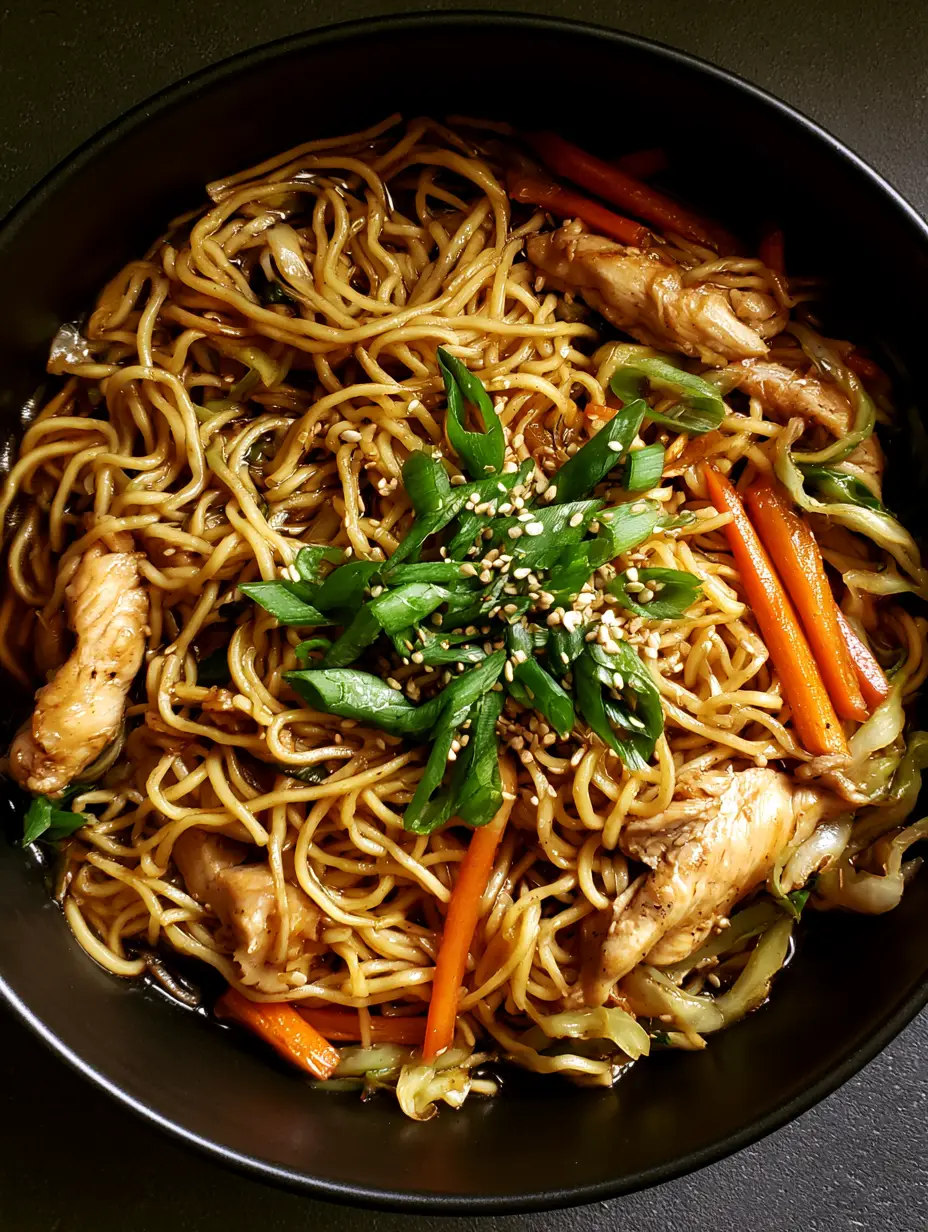Close-up of glossy thin yellow egg noodles coated in dark brown sauce. (Chicken Chow Mein Recipe)
