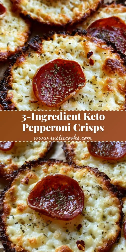 A stack of golden-brown Pepperoni Cheese Crisps with lacy edges on parchment paper.