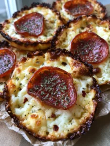 Overhead view of lacy Pepperoni Cheese Crisps showing bubbly texture and oregano dusting.