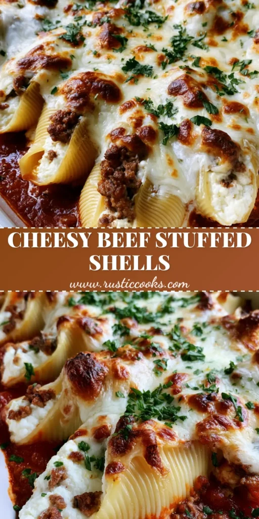 A white rectangular ceramic baking dish filled with rows of jumbo pasta shells stuffed with beef and ricotta, topped with bubbly charred mozzarella and fresh parsley. (Beef and Ricotta Stuffed Shells)