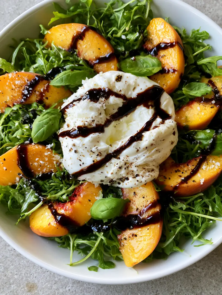 A close-up smartphone photo of Peach Burrata Salad with vibrant orange peaches and creamy white cheese.