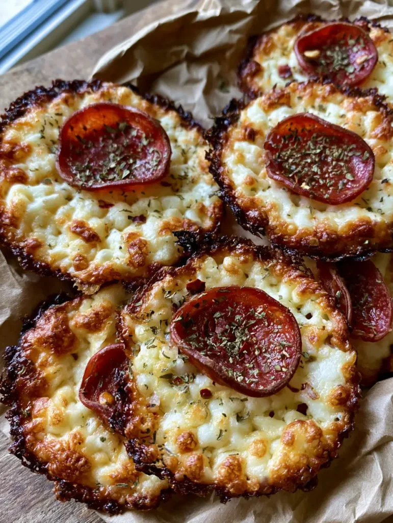 Close up of a single Pepperoni Cheese Crisp with a cupped pepperoni slice and red pepper flakes.