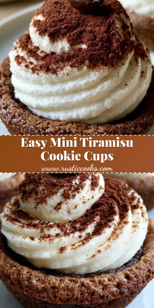 A vertical Pinterest pin featuring individual Tiramisu Cookie Cups with a chocolate base and high mascarpone swirl. (Tiramisu Cookie Cups)