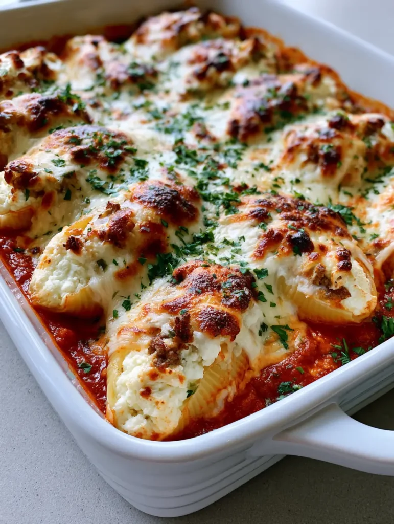 Top down view of stuffed shells in a white dish showing thick red marinara sauce and overflowing cheese filling. (Beef and Ricotta Stuffed Shells)