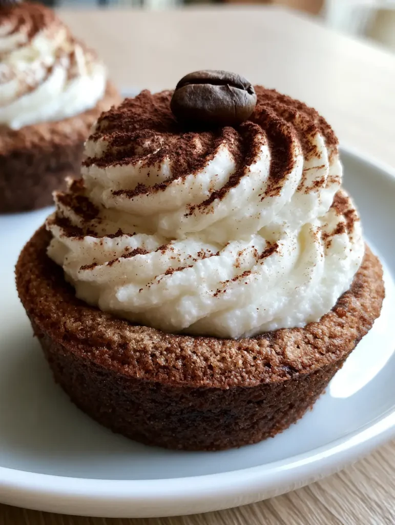 A close-up shot of individual Tiramisu Cookie Cups on a white plate, showing the textured chocolate crust and cocoa dusting. (Tiramisu Cookie Cups)