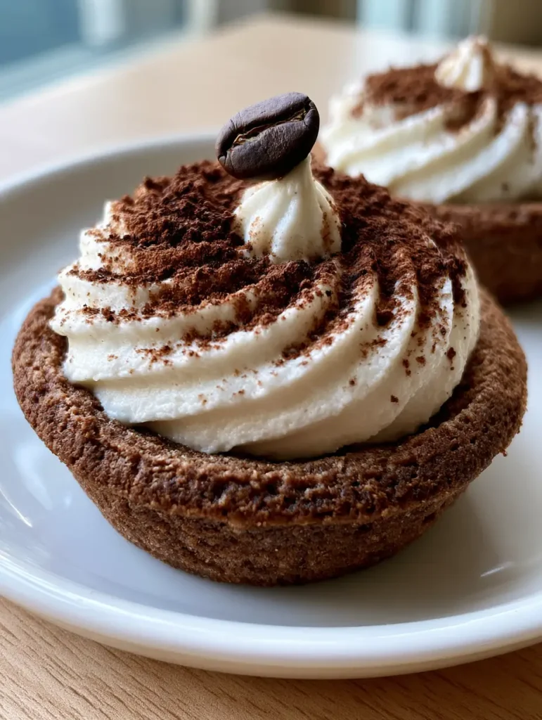 A detailed view of the high swirl filling in the Tiramisu Cookie Cups, topped with a roasted coffee bean. (Tiramisu Cookie Cups)