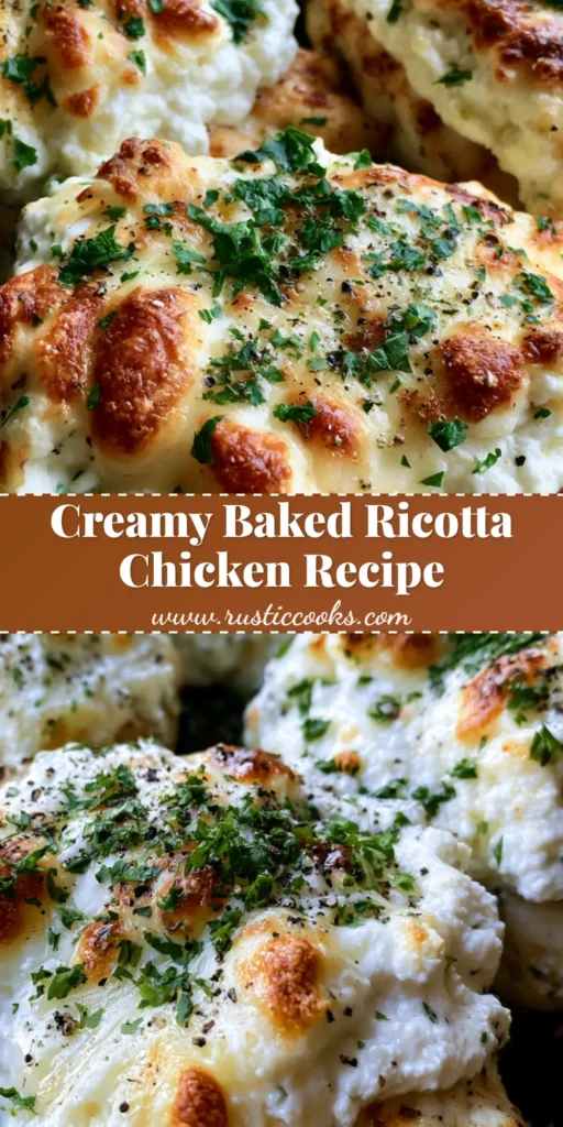 Baked Ricotta Chicken with a Golden Parmesan Crust 4 A dark baking dish filled with Baked Ricotta Chicken featuring toasted mozzarella, creamy ricotta, and fresh parsley garnish.