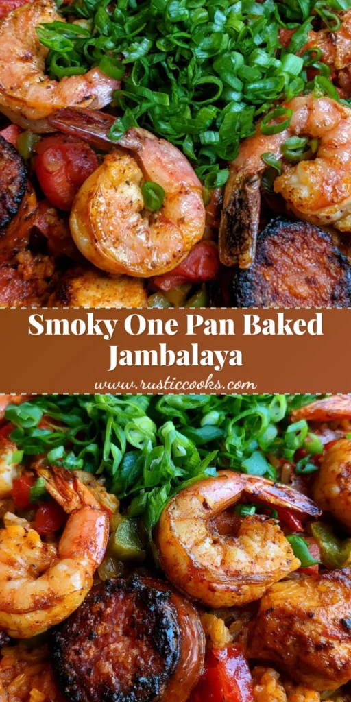 A top-down view of smoky Oven Baked Jambalaya in a cast iron skillet featuring large tail-on shrimp, charred andouille sausage, and golden chicken breast over reddish-orange rice.