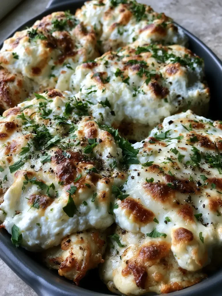 Top-down view of several pan-seared chicken breasts topped with creamy white ricotta and melted mozzarella spots. (Baked Ricotta Chicken)