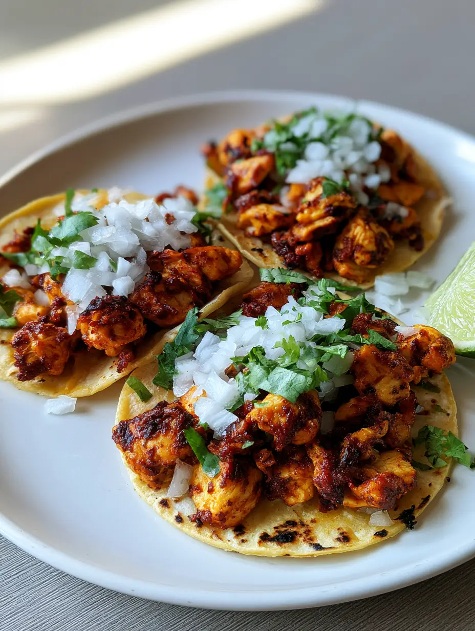 Chicken Street Tacos: Authentic Grilled Flavor in Every Bite 3 High-angle shot of three chicken street tacos seasoned with dark red chili spices on a white plate. (Chicken Street Tacos)