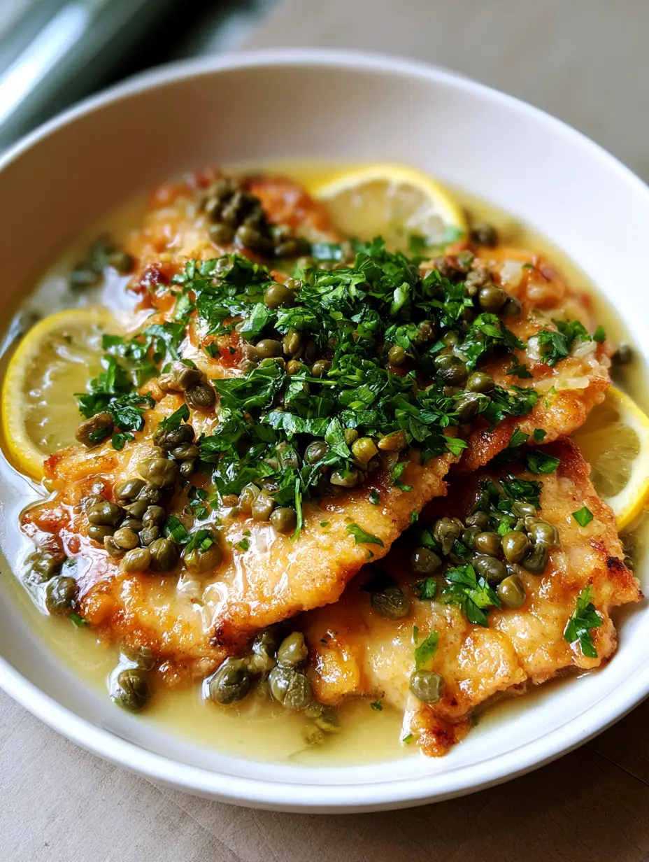 Close-up of golden-brown chicken cutlets draped in a translucent pale yellow lemon-butter sauce for a Chicken Piccata Recipe.