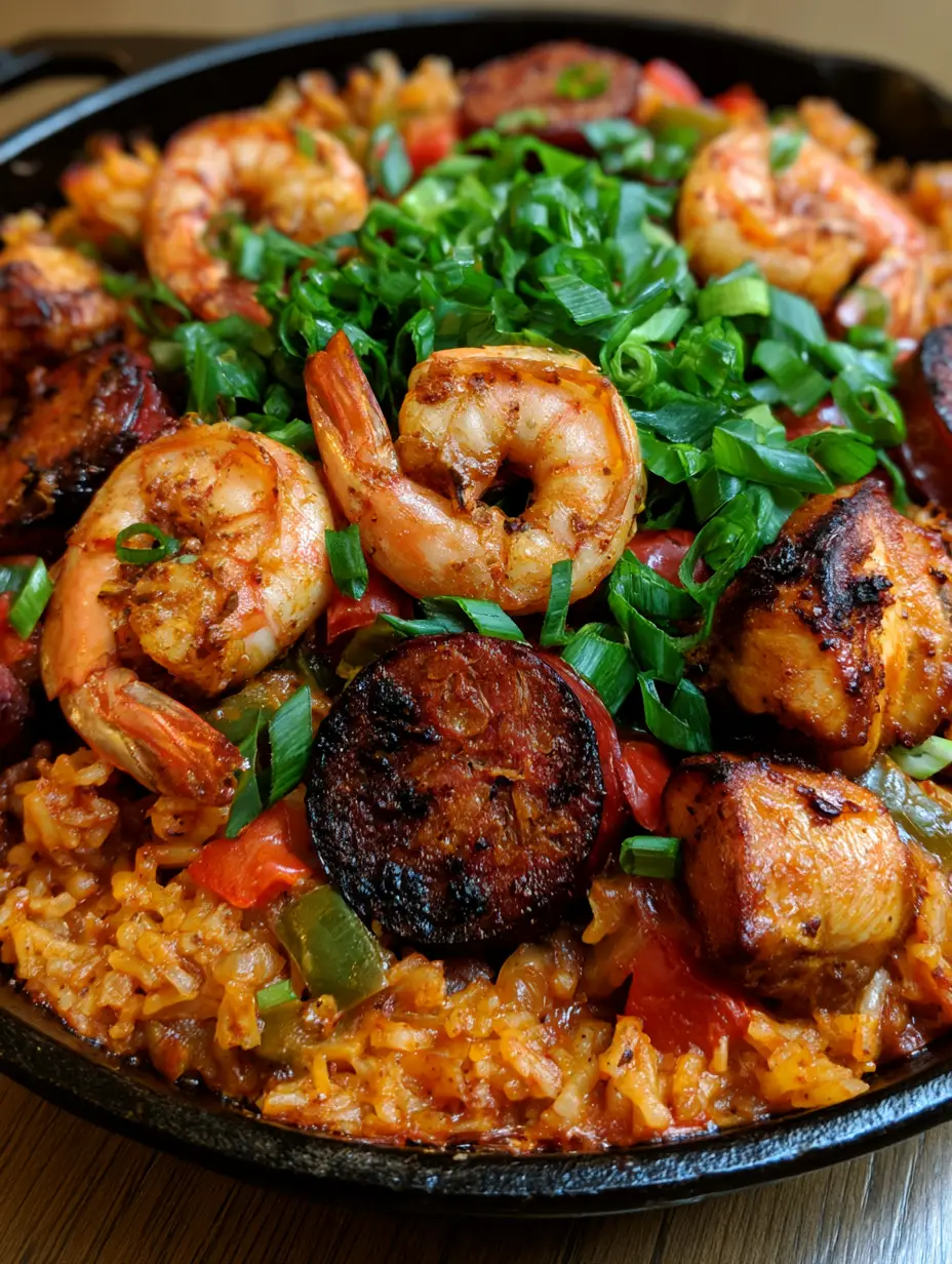A handheld smartphone photo showing the fluffy texture of Oven Baked Jambalaya rice with seared meats and vibrant bell peppers.