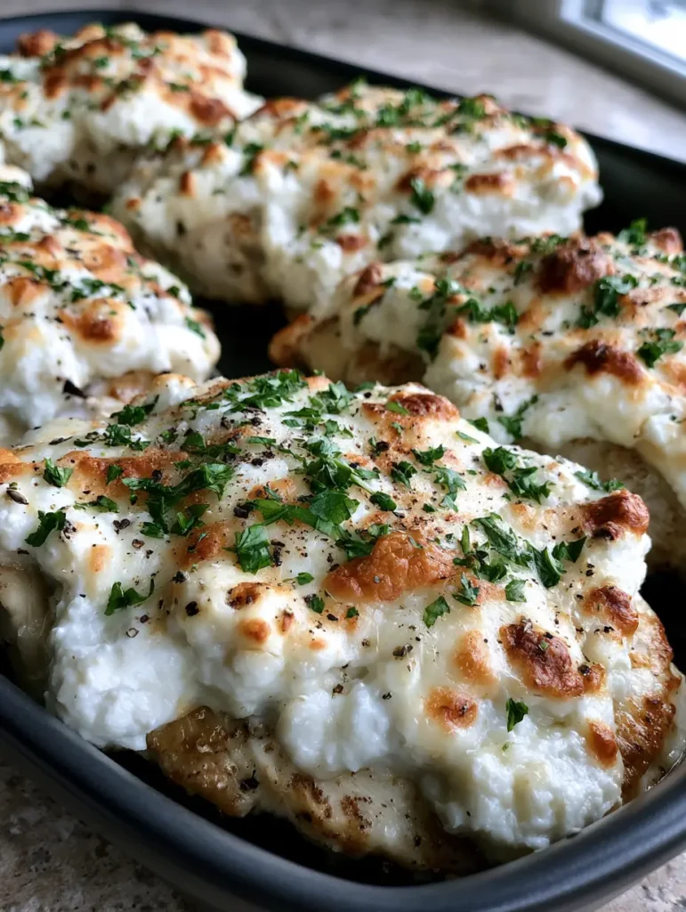 Baked Ricotta Chicken with a Golden Parmesan Crust 1 Handheld smartphone photo of juicy Baked Ricotta Chicken in a dark baking dish on a stone countertop.