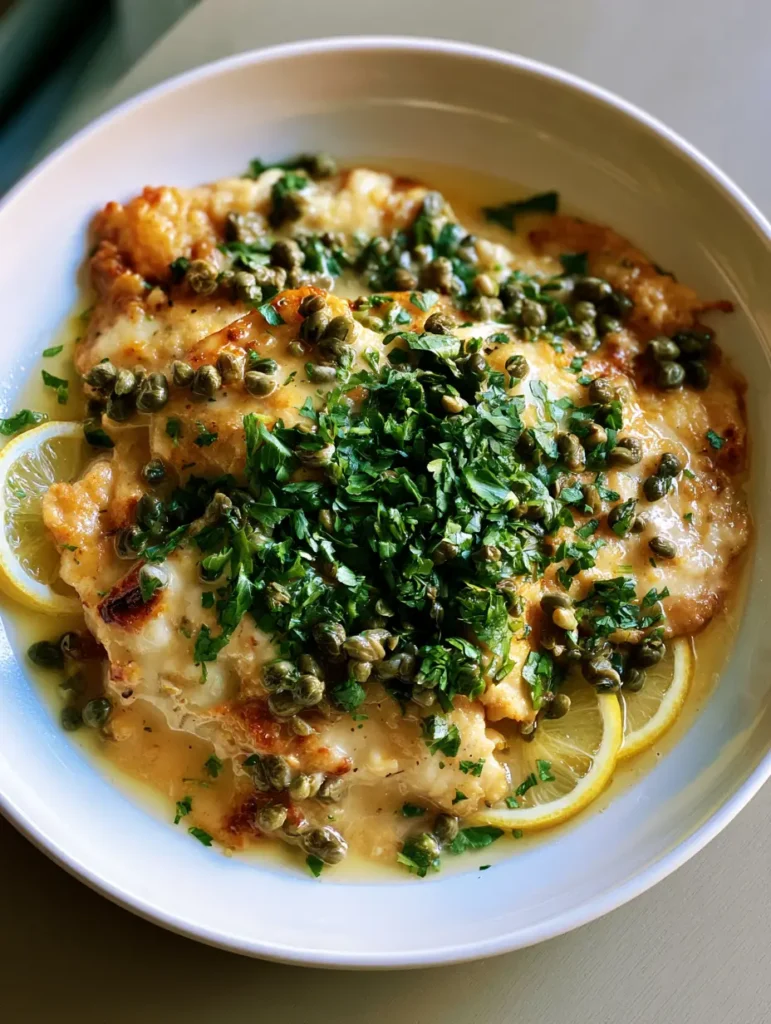Chicken Piccata Recipe served in a white bowl with circular lemon slices and a heavy garnish of chopped parsley.