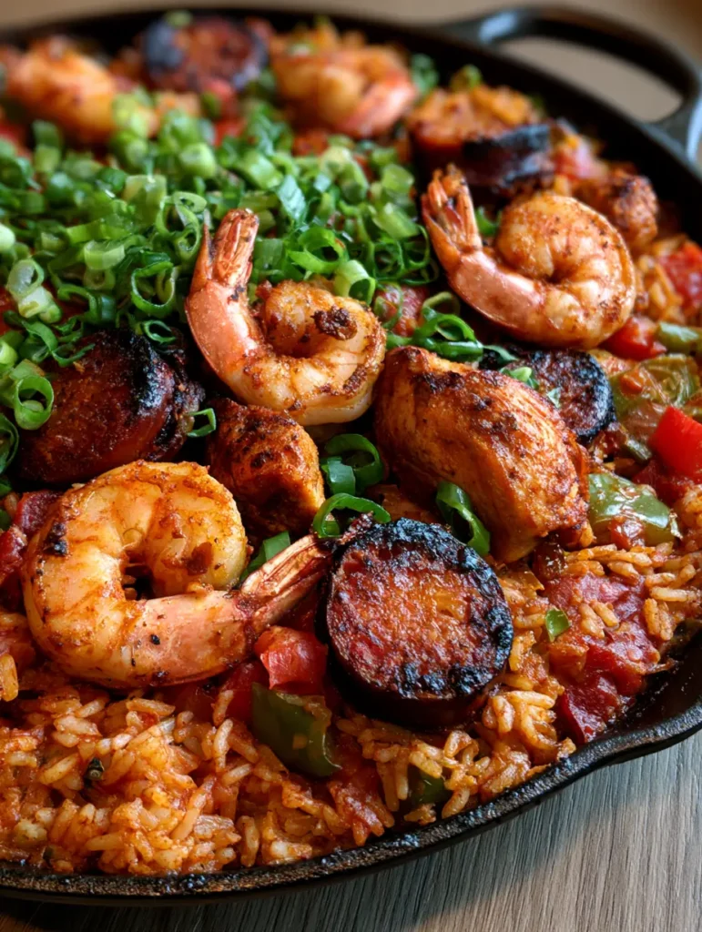 Close up of curled pink shrimp and charred andouille sausage in a rustic black skillet of Oven Baked Jambalaya.